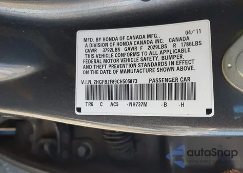 2012 Honda Civic Ex z USA, uszkodzony, nr VIN 2HGFB2F89CH505873